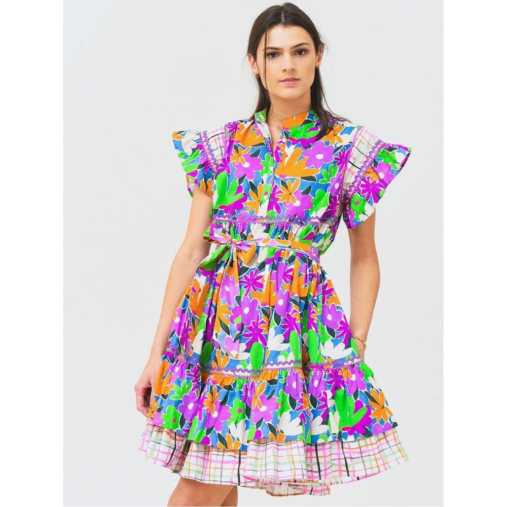 $286 Celia B XS Yvette Purple Vibrant Floral Tie-Waist Dress - Multicolor